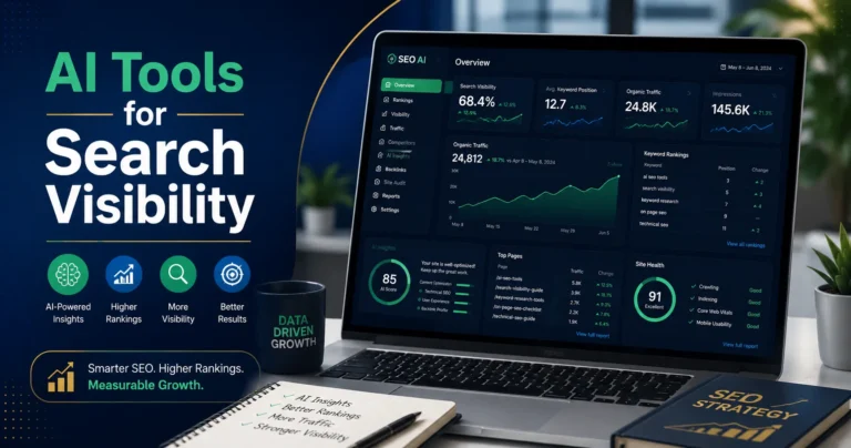 AI Tools for Search Visibility Dashboard Showing SEO Analytics and Website Growth Metrics