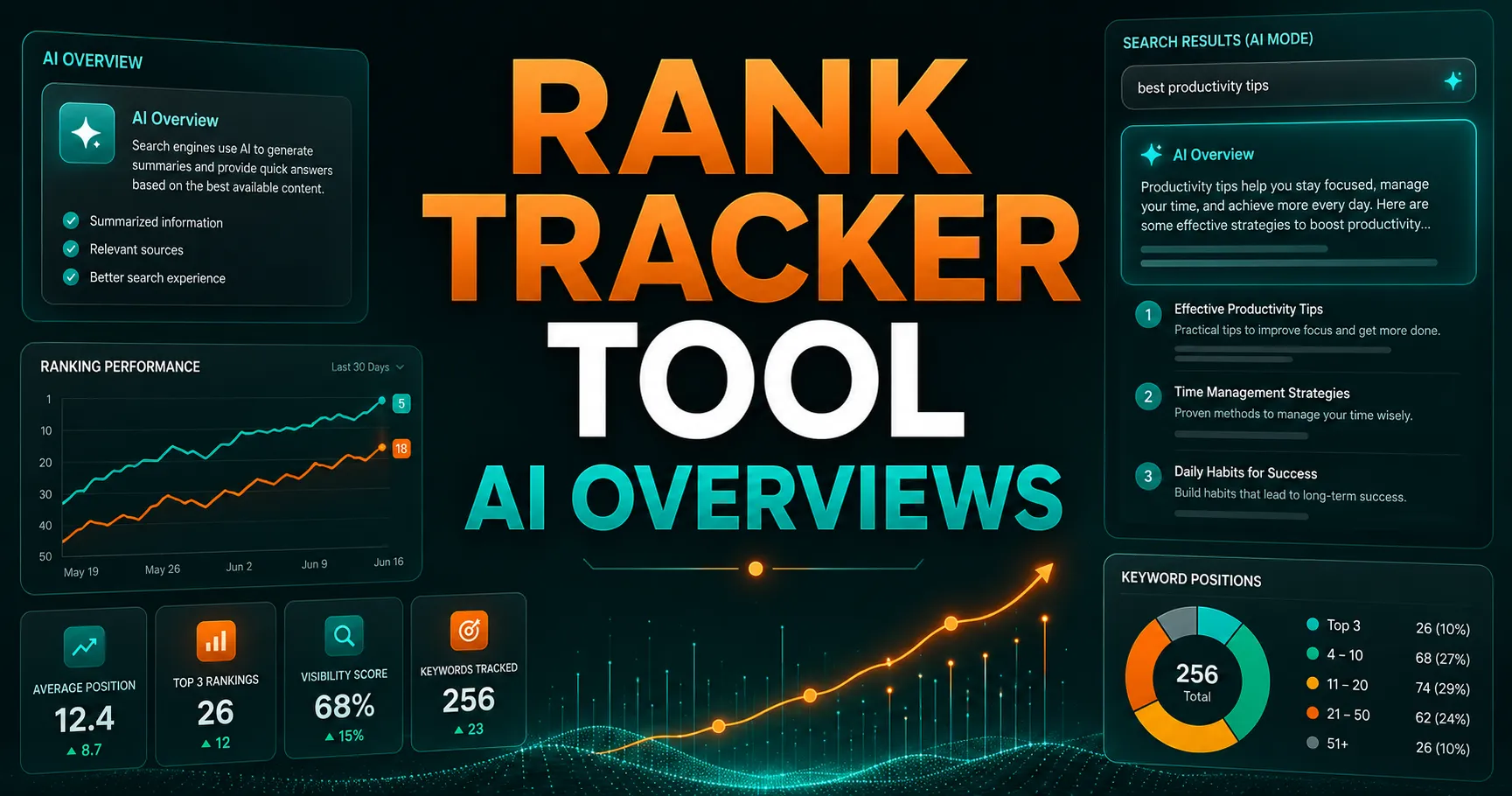 Rank Tracker Tool AI Overviews dashboard showing AI search visibility tracking, keyword rankings, and SEO performance analytics